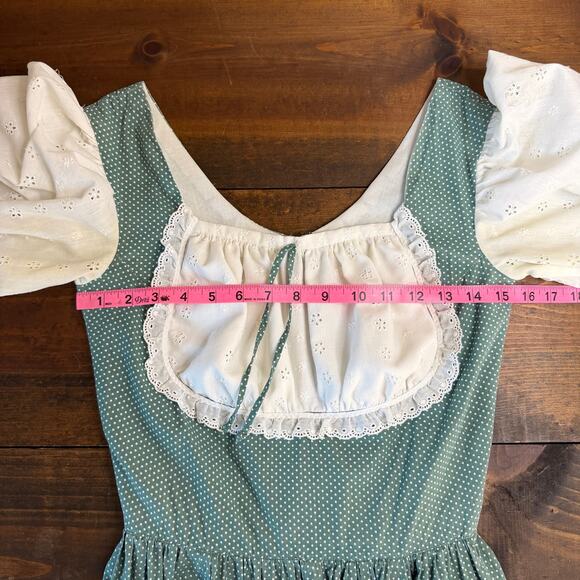 Vintage 1970s Handmade Squaredance Dress Polka Dot Green German Dirndl SMALL - Picture 9 of 16
